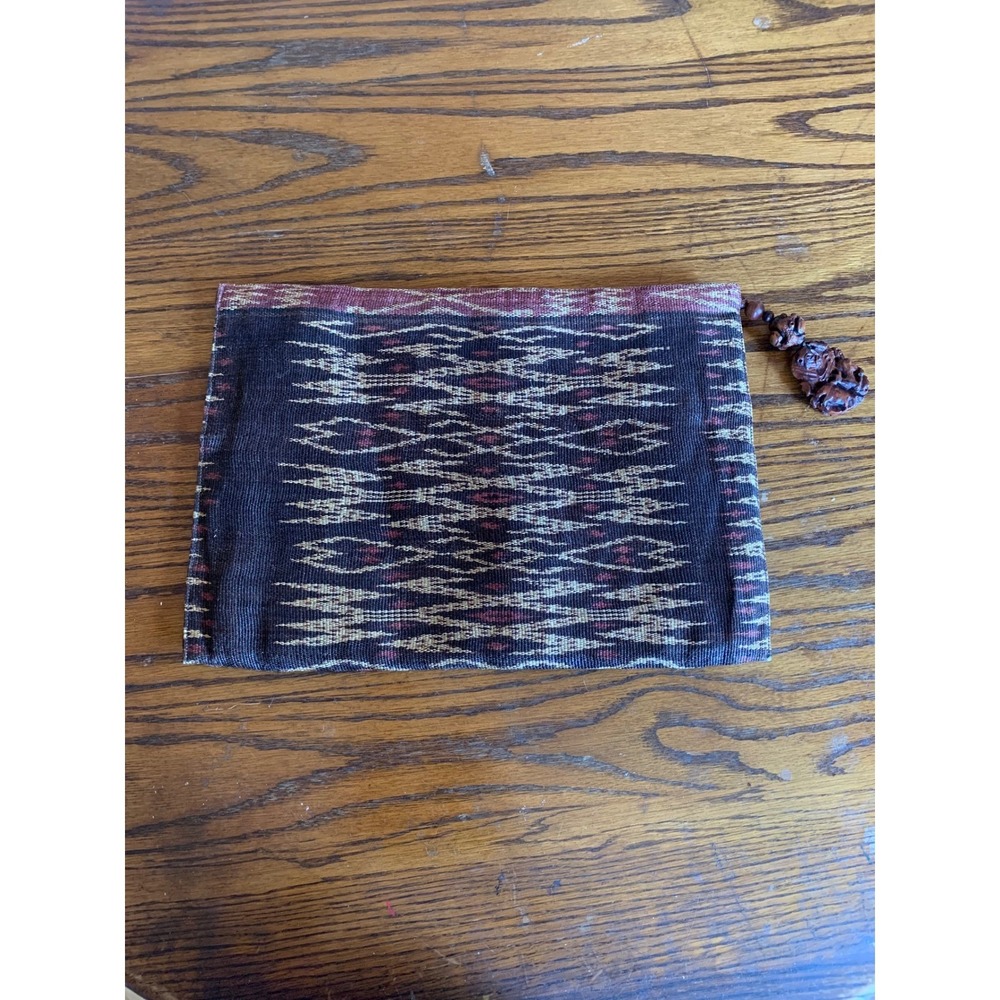 Rafael Sanchez Vintage 1980s Rare Ikat Zippered Pouch Clutch Carved Wood Charm